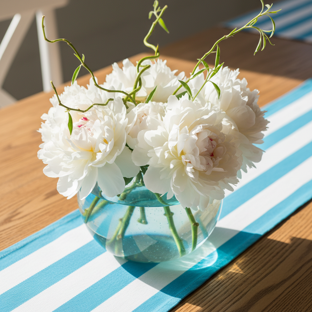 A close-up of a decorative centerpiece: a rounded glass vase filled with sparkling turquoise water and floating white peonies, accented by whimsical twisted willow branches. The centerpiece is placed on a cheerful blue-and-white striped table runner, atop a natural wooden table with visible grain. Bright natural sunlight filters in sideways, producing lively reflections on the water and gentle highlights on the petals. The scene is composed at eye-level for an intimate, playful perspective, with vibrant color contrasts and a focus on the rounded, energetic shapes that echo the seaside theme. The photographic style is vivid and contemporary, perfectly matching a festive, trilingual wedding gathering.