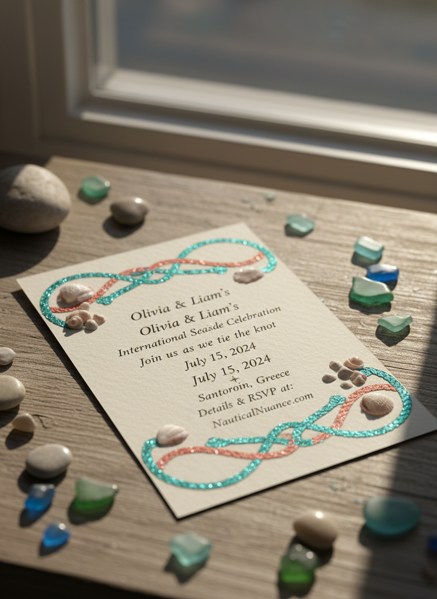 A beautifully decorated wedding invitation featuring nautical elements such as intertwined rope motifs and delicate seashell embellishments, printed on textured matte ivory paper with shimmering turquoise and coral accents. The invitation rests atop a weathered driftwood table sprinkled with small polished pebbles and fragments of sea glass. Soft, natural afternoon sunlight pours through an open window, illuminating the vivid colors and casting gentle shadows across the surface. The composition is captured from a slightly elevated angle using shallow depth of field, emphasizing the intricate details. The atmosphere is playful, elegant, and inviting, with a photographic realism that complements the vibrant, maritime theme of an international seaside celebration.