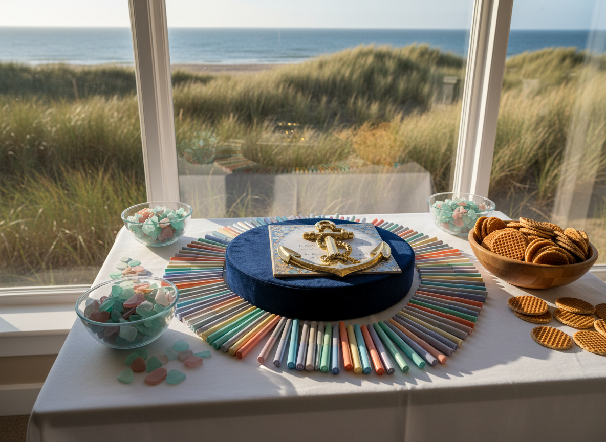 An elaborate wedding guestbook station, featuring a rounded, navy-blue velvet guestbook with gilded anchor embossing, surrounded by pastel markers, playful seaglass pieces, and a bowl filled with Dutch stroopwafels. The setup sits on a crisp white table near a large window overlooking distant sand dunes and sea grass. Warm golden hour sunlight streams in, creating bold shadows and sparkling highlights on the metallic details. Captured from a slightly elevated side angle, the composition uses the rule of thirds to create an energetic, welcoming mood with bright, cheery colors and whimsical arrangements, fitting the playful aura of an international seaside wedding.