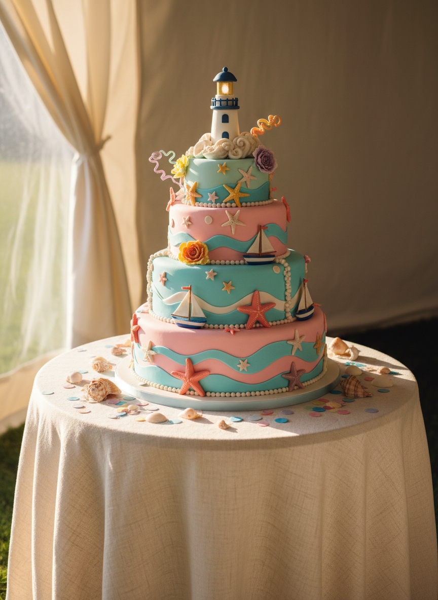 A whimsical, three-tiered wedding cake inspired by the northern German and Dutch coast, frosted in bright aqua and blush pink fondant, adorned with hand-sculpted starfish, sailing boats, and playful sugar flowers. The cake is set on a round table draped in light linen, surrounded by scattered seashells and pastel-colored confetti. Sunlight streams in through an open tent flap, creating energetic highlights and soft, dappled shadows on the tablecloth. Captured from a low angle with balanced composition, the image has a vibrant, joyful mood that celebrates the colorful, maritime spirit of the wedding, rendered with crisp photographic clarity.