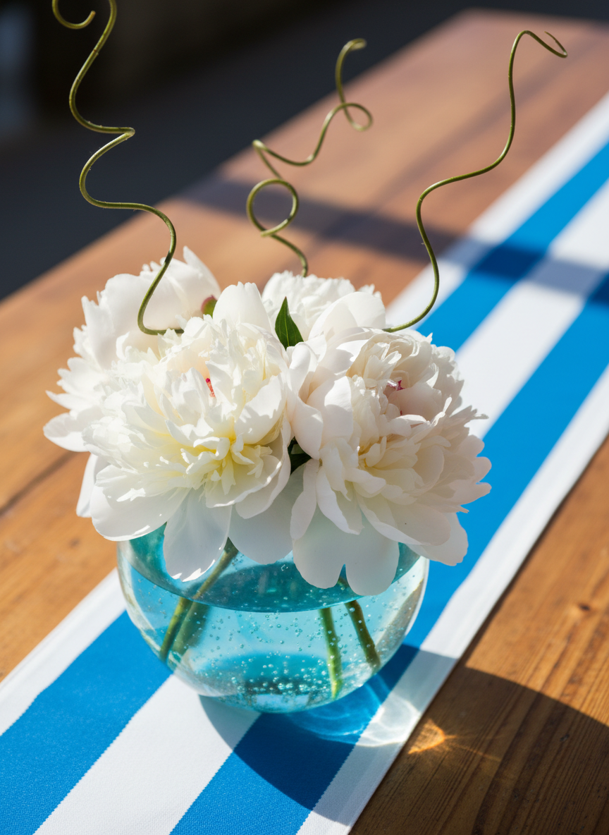 A close-up of a decorative centerpiece: a rounded glass vase filled with sparkling turquoise water and floating white peonies, accented by whimsical twisted willow branches. The centerpiece is placed on a cheerful blue-and-white striped table runner, atop a natural wooden table with visible grain. Bright natural sunlight filters in sideways, producing lively reflections on the water and gentle highlights on the petals. The scene is composed at eye-level for an intimate, playful perspective, with vibrant color contrasts and a focus on the rounded, energetic shapes that echo the seaside theme. The photographic style is vivid and contemporary, perfectly matching a festive, trilingual wedding gathering.