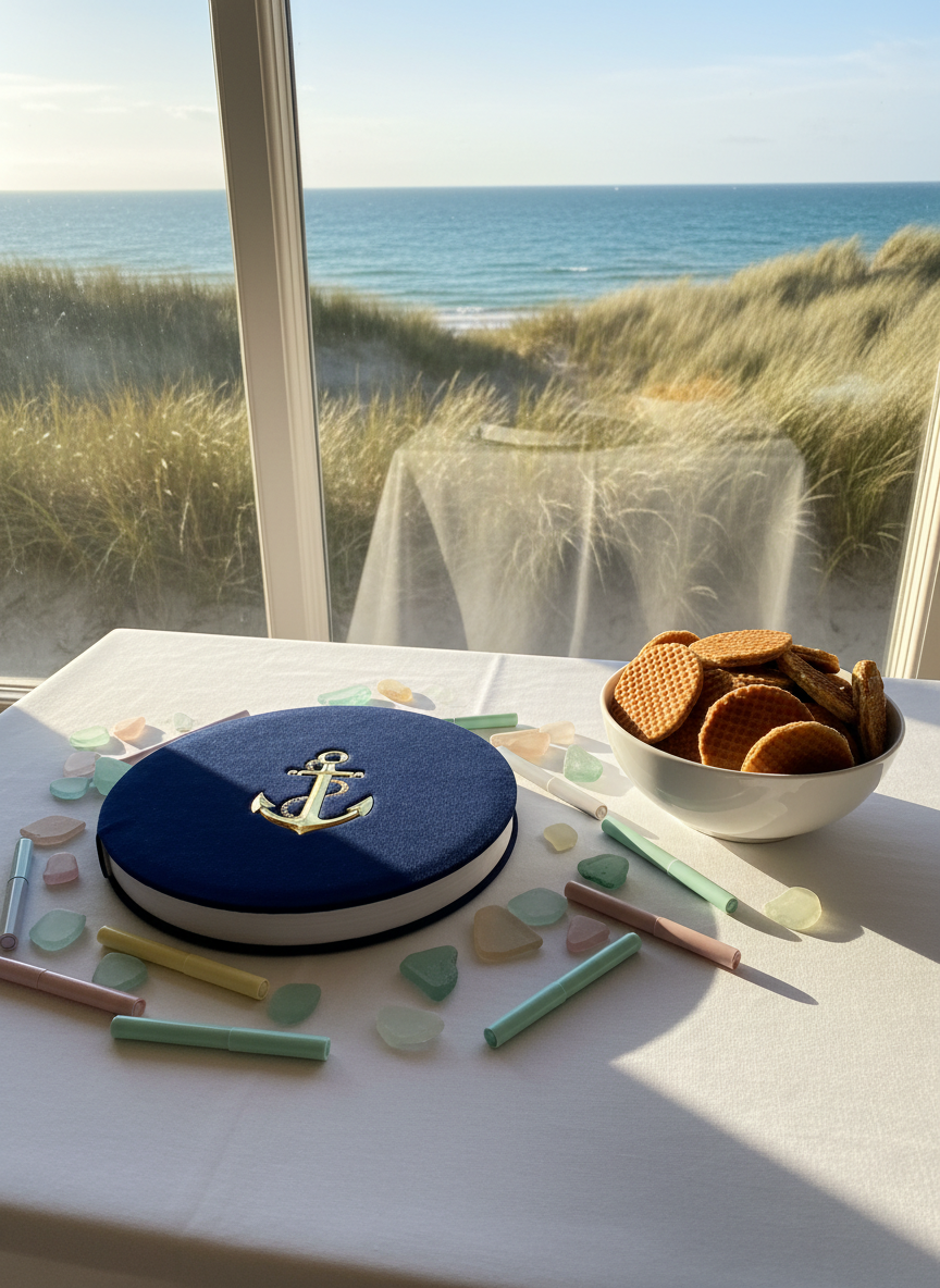 An elaborate wedding guestbook station, featuring a rounded, navy-blue velvet guestbook with gilded anchor embossing, surrounded by pastel markers, playful seaglass pieces, and a bowl filled with Dutch stroopwafels. The setup sits on a crisp white table near a large window overlooking distant sand dunes and sea grass. Warm golden hour sunlight streams in, creating bold shadows and sparkling highlights on the metallic details. Captured from a slightly elevated side angle, the composition uses the rule of thirds to create an energetic, welcoming mood with bright, cheery colors and whimsical arrangements, fitting the playful aura of an international seaside wedding.